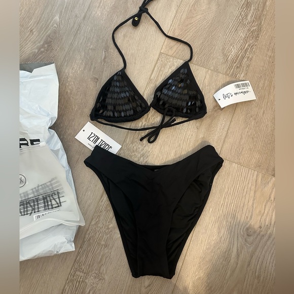 NWT 12th Tribe Sombra Black Sequin Bikini Top + V Cut Bottoms Set XS - Picture 3 of 11